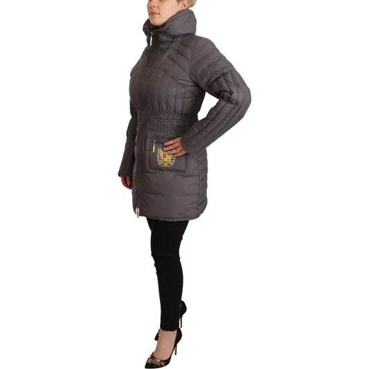Roccobarocco Gray Quilted Long Sleeves Logo Patch Full Zip Jacket
