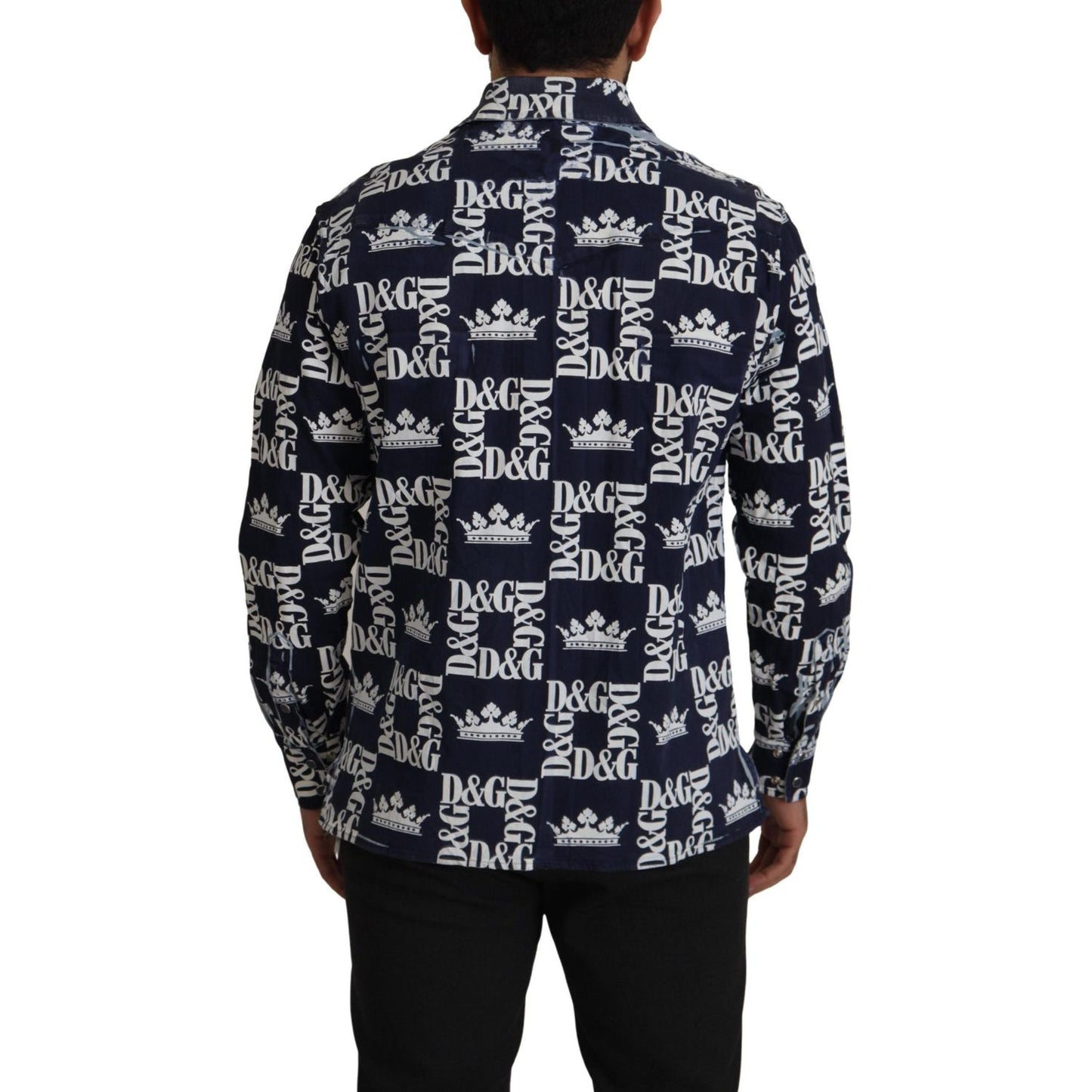 Dolce & Gabbana Blue Denim Stretch DG Crown Logo Casual Shirt