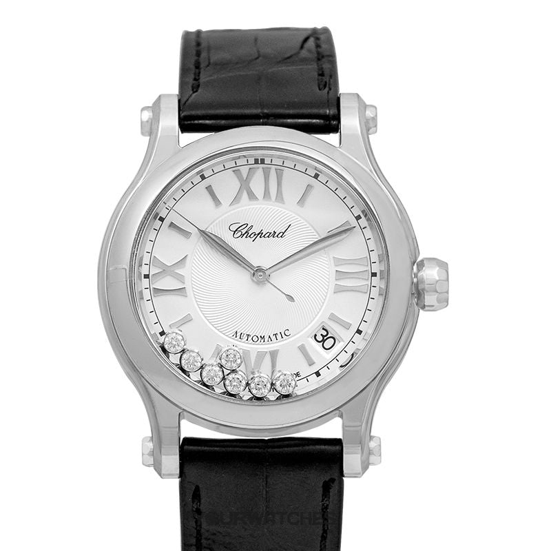 CHOPARD MOD. HAPPY SPORT AUTOMATIC W/Diamonds luxury wristwatch with stainless steel case, sapphire dial, and alligator leather strap.