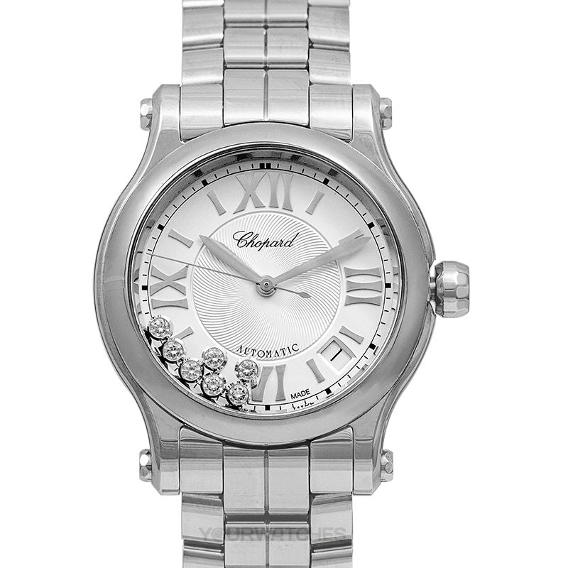 CHOPARD MOD. HAPPY SPORT AUTOMATIC W/Diamonds ladies stainless steel wristwatch with sapphire dial and diamond embellishments.