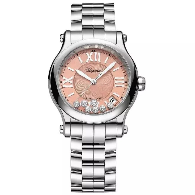 Luxury CHOPARD MOD. HAPPY SPORT AUTOMATIC W/Diamonds women’s wristwatch with stainless steel bracelet and sapphire dial, 36mm case.