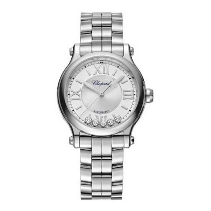 CHOPARD MOD. HAPPY SPORT AUTOMATIC W/Diamonds, stainless steel ladies' watch with sapphire dial and SS bracelet, 33mm case, made in Switzerland.