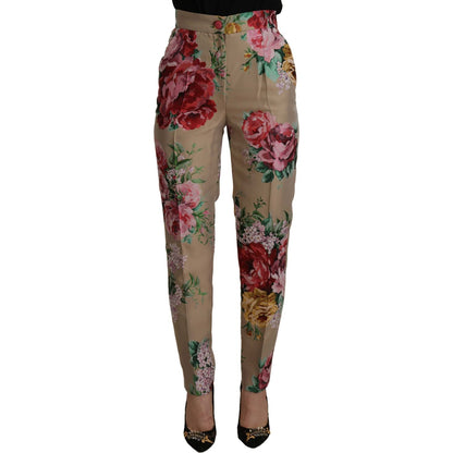 Dolce & Gabbana Beige Floral Dress Formal High Waist Pants