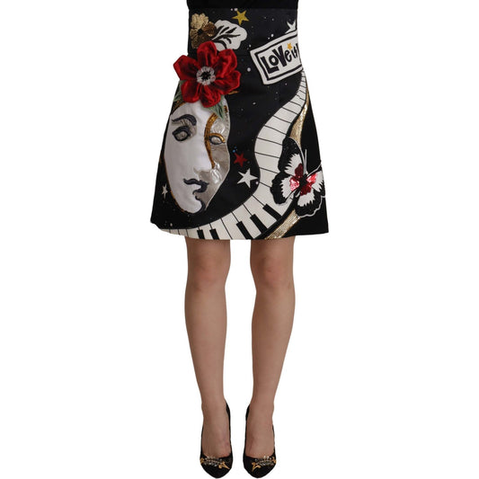 Dolce & Gabbana Black Love Clock Sequined Piano Skirt
