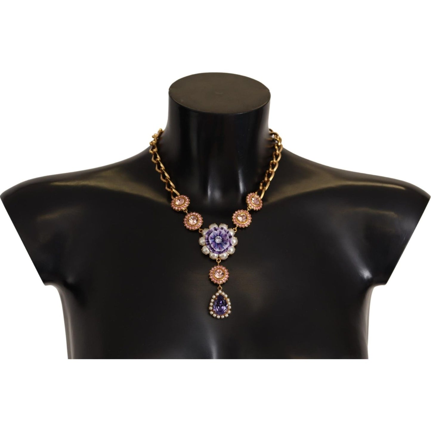 Dolce & Gabbana Gold Brass Crystal Purple Pink Pearl Pendants Necklace Necklace