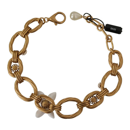 Dolce & Gabbana Gold White Lily Floral Chain Statement Necklace