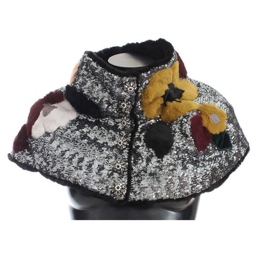 Dolce & Gabbana Silver Sequined Floral Weasel Fur Shoulder Scarf Wrap MS780-3