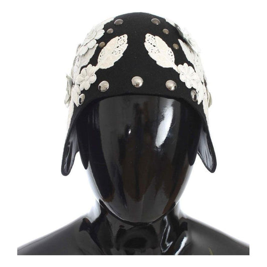 Dolce & Gabbana Black Wool White Floral Gold Leaf Hat MS838