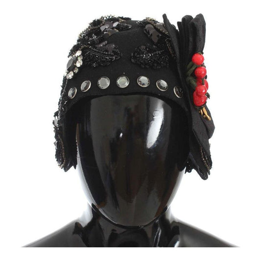 Dolce & Gabbana Black Crystal Gold Cherries Brooch Hat MS883