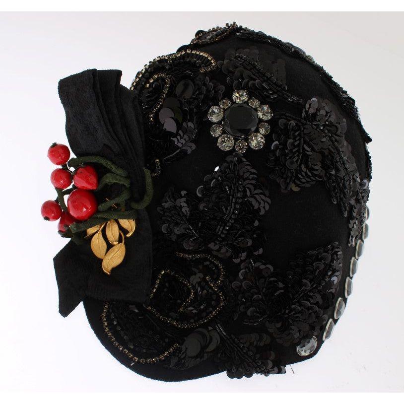 Dolce & Gabbana Black Crystal Gold Cherries Brooch Hat MS883