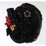 Dolce & Gabbana Black Crystal Gold Cherries Brooch Hat MS883