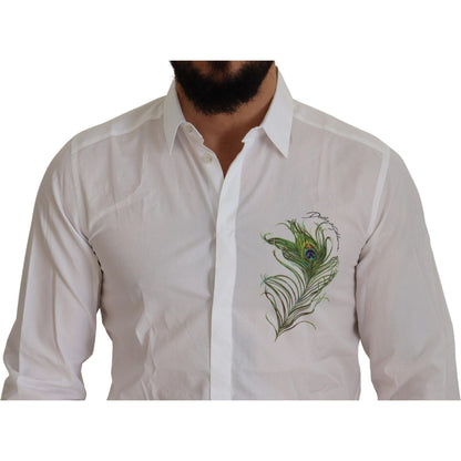 Dolce & Gabbana White Cotton Peacock Feather Formal GOLD Shirt