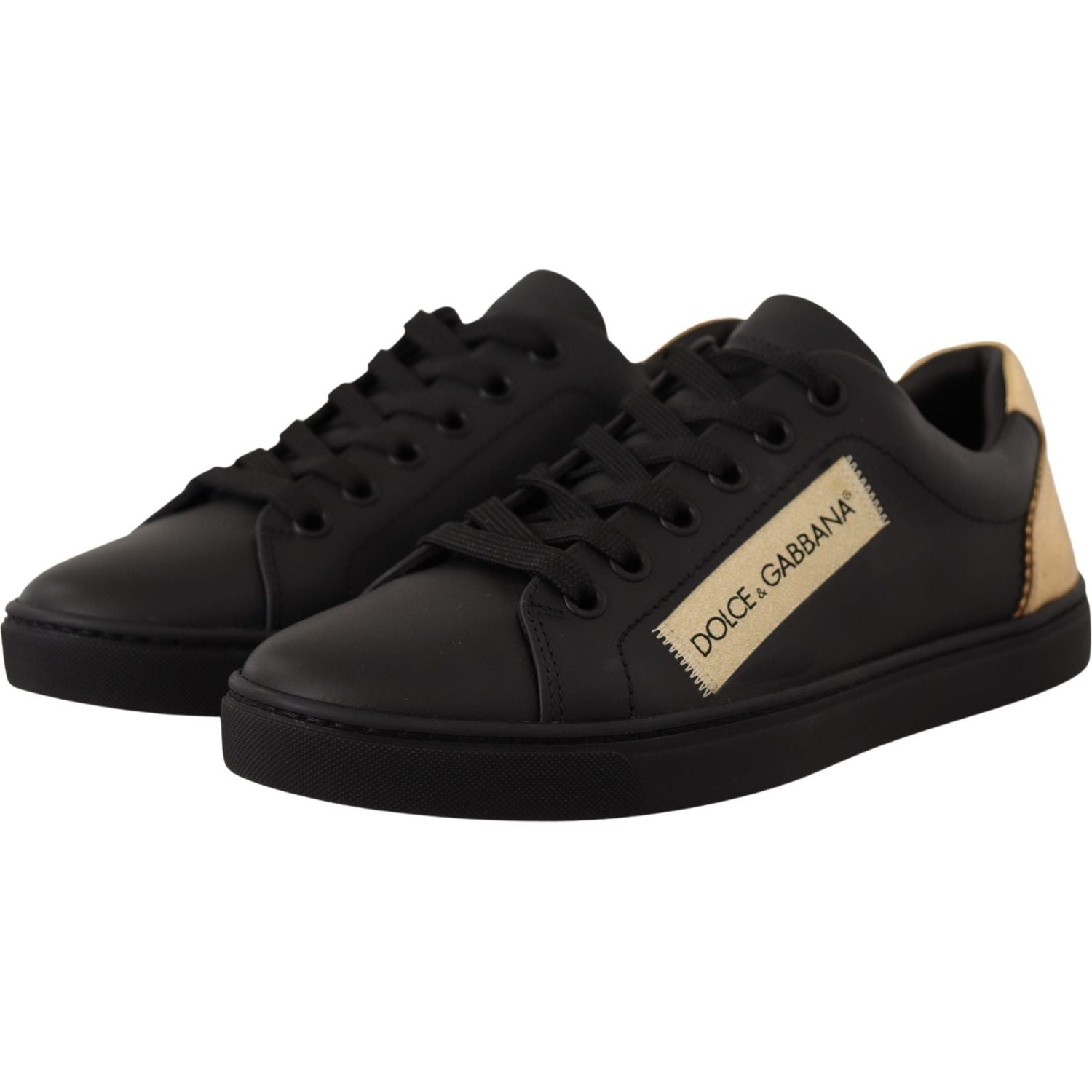 Dolce & Gabbana Black Gold Leather Low Top Sneakers Womens Shoes