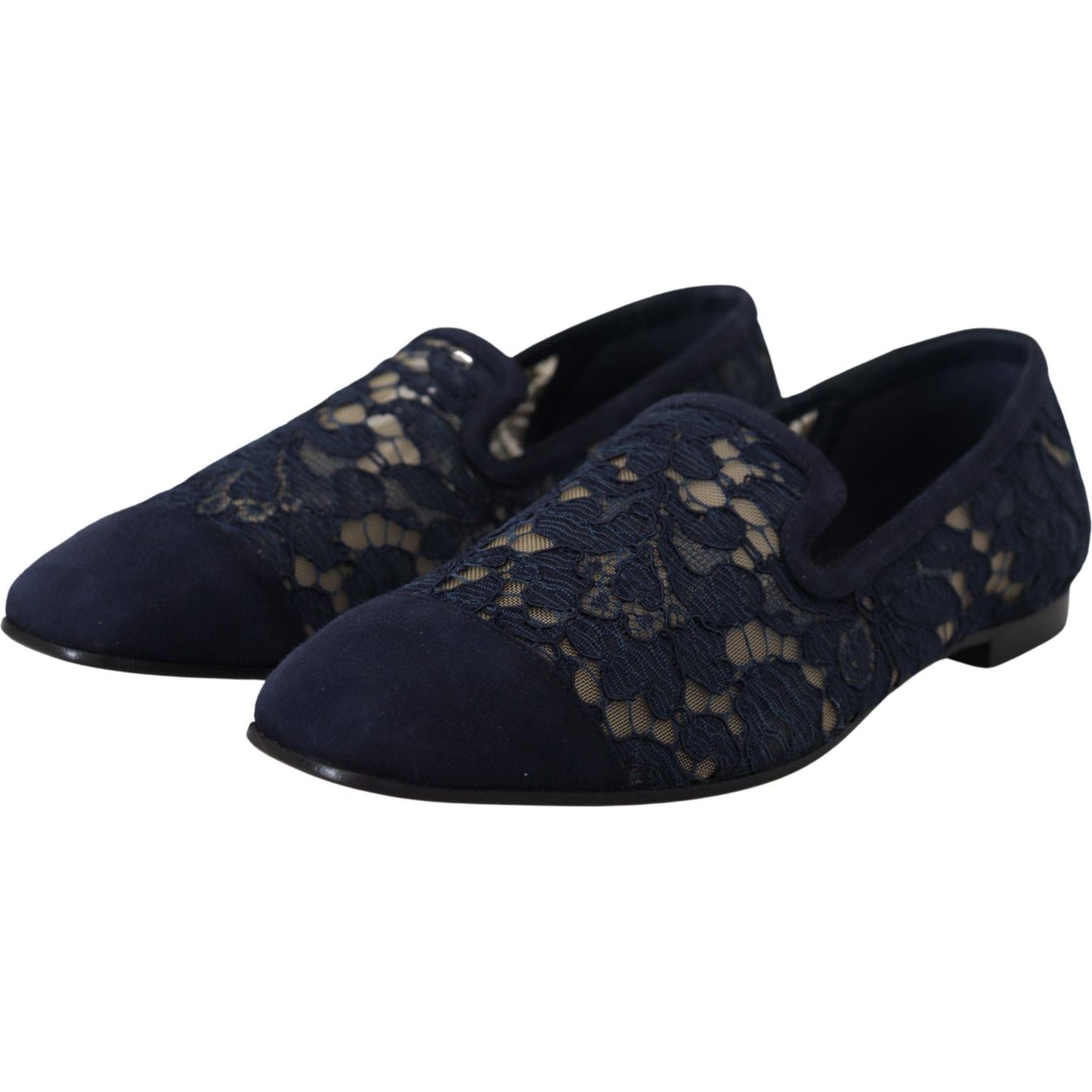 Dolce & Gabbana Blue Floral Lace Slip Ons Loafers Flats Shoes