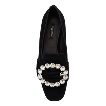 Dolce & Gabbana Black Velvet Crystals Loafers Flats Shoes