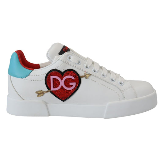 Dolce & Gabbana White Leather Sneaker Portofino Logo Heart Shoes