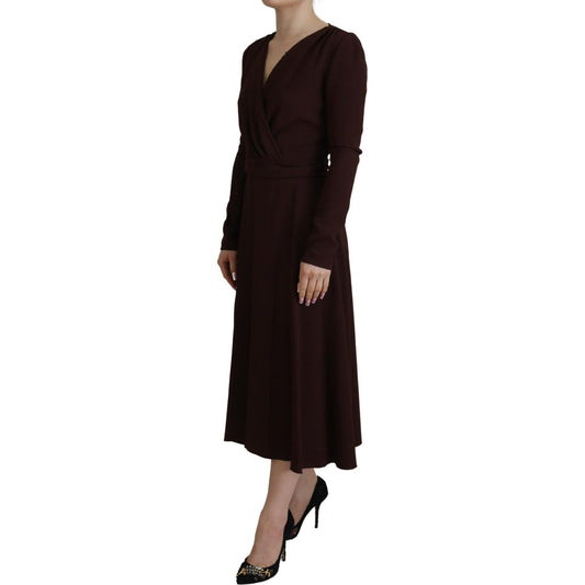 Dolce & Gabbana Brown Wrap Long Sleeve Midi Stretch Dress DR28809- 38