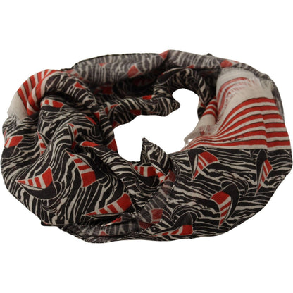 Dolce & Gabbana Black Red Linen Sailboat Stripe Print Shawl Scarf