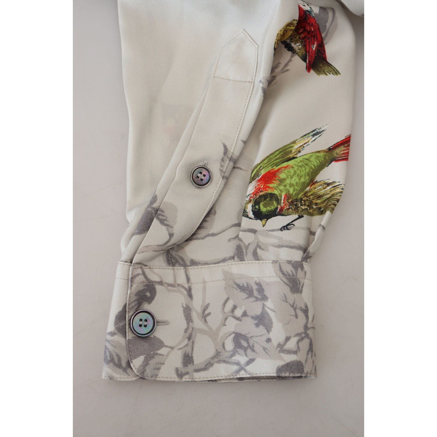 Dolce & Gabbana White Bird Print Silk Satin Casual Shirt