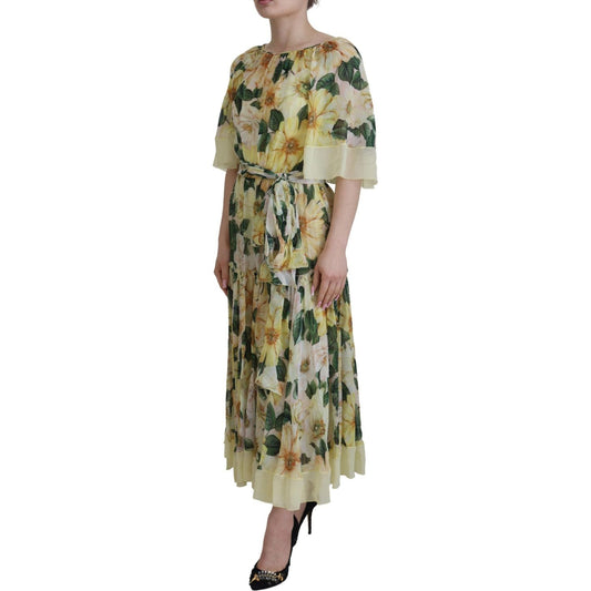 Dolce & Gabbana Yellow Floral Print Pleated Maxi Silk Dress DR28786 - 40