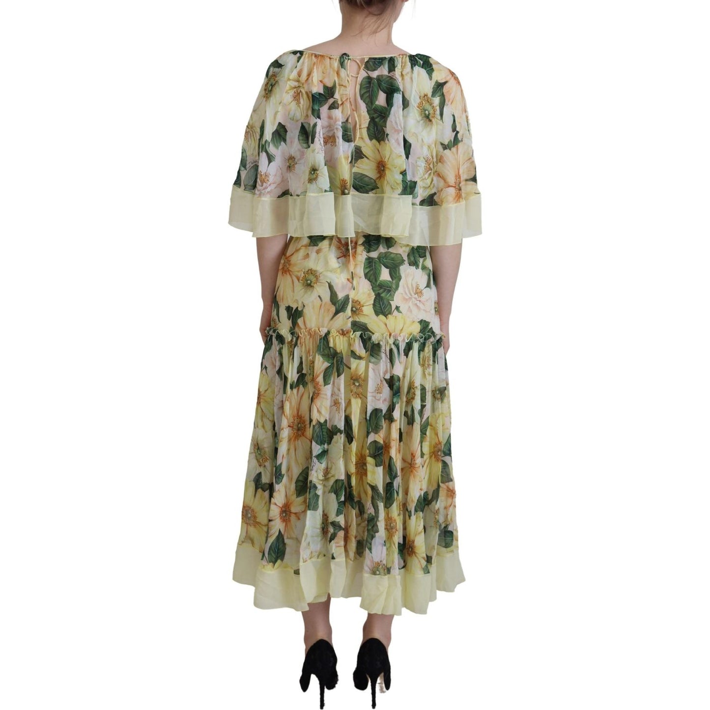 Dolce & Gabbana Yellow Floral Print Pleated Maxi Silk Dress DR28786 - 40