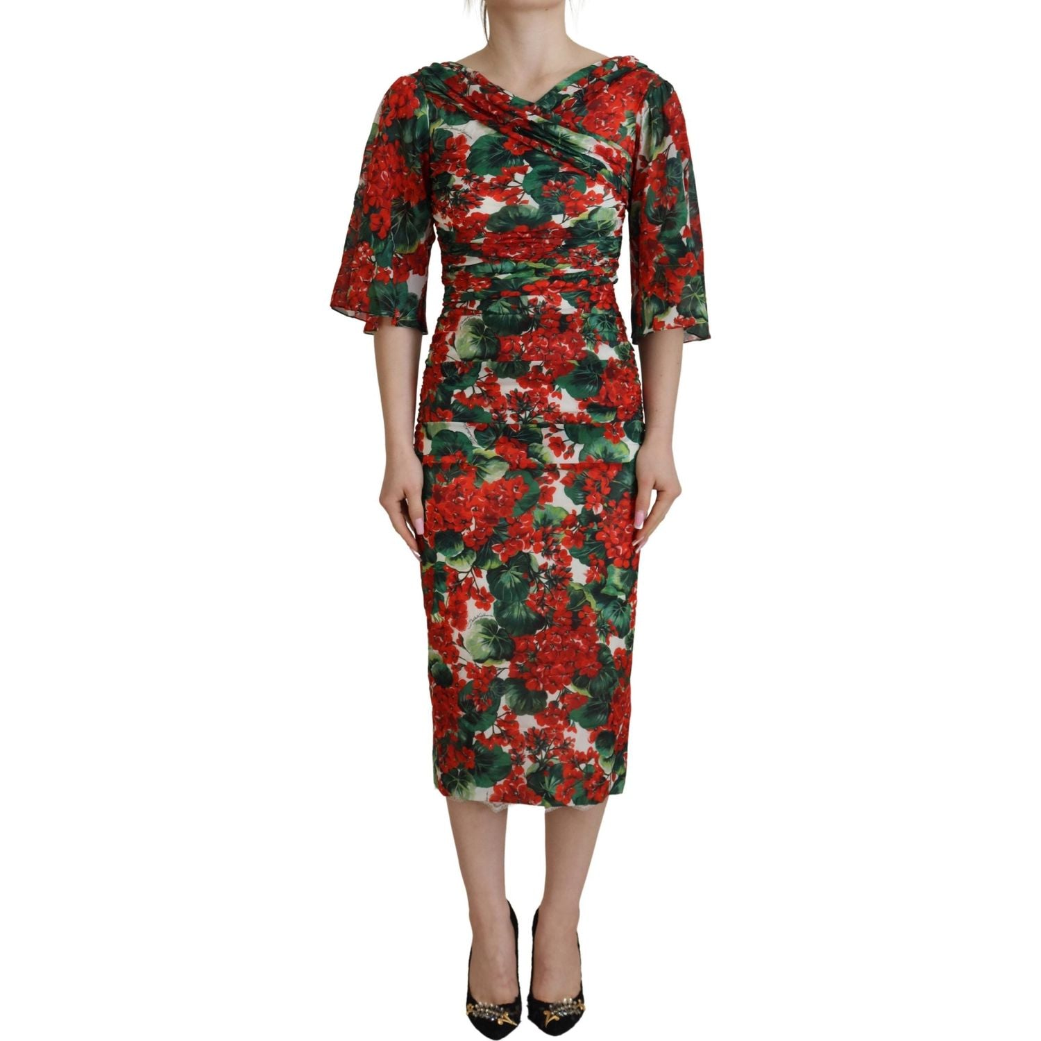 Dolce & Gabbana Multicolor Geranium Silk Sheath Midi Dress