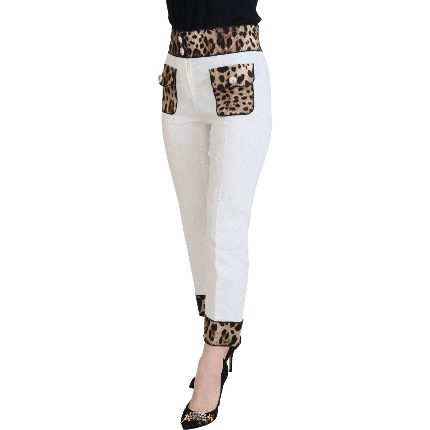 Dolce & Gabbana White Leopard Print High Waist Pants