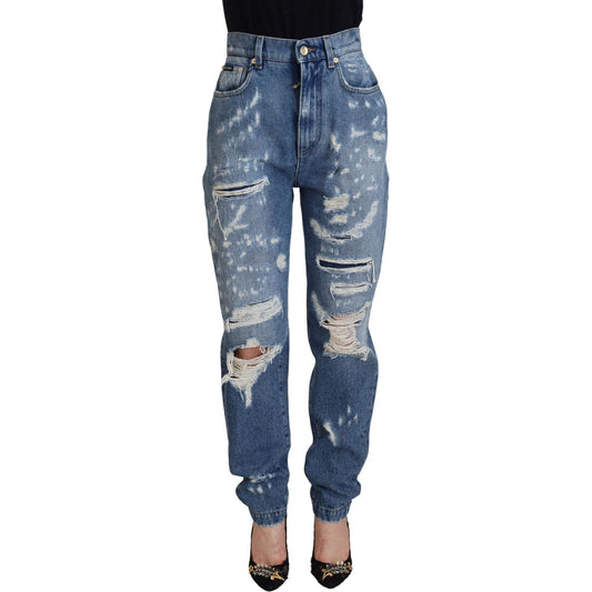 Dolce & Gabbana Blue Washed Cotton Tattered Denim Jeans