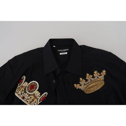 Dolce & Gabbana Black Gold Crown Slim Fit Dress Formal Shirt