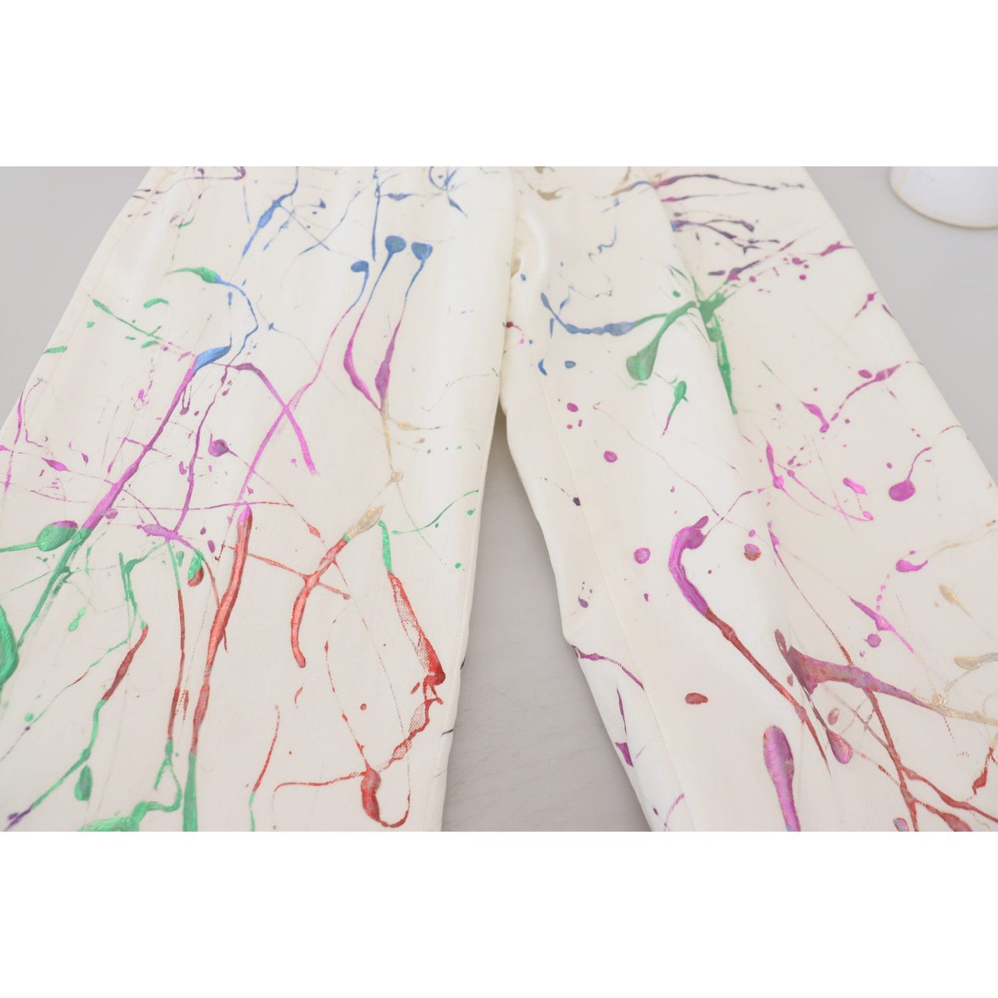 Dolce & Gabbana White Cotton Color Splash Print Denim Pants