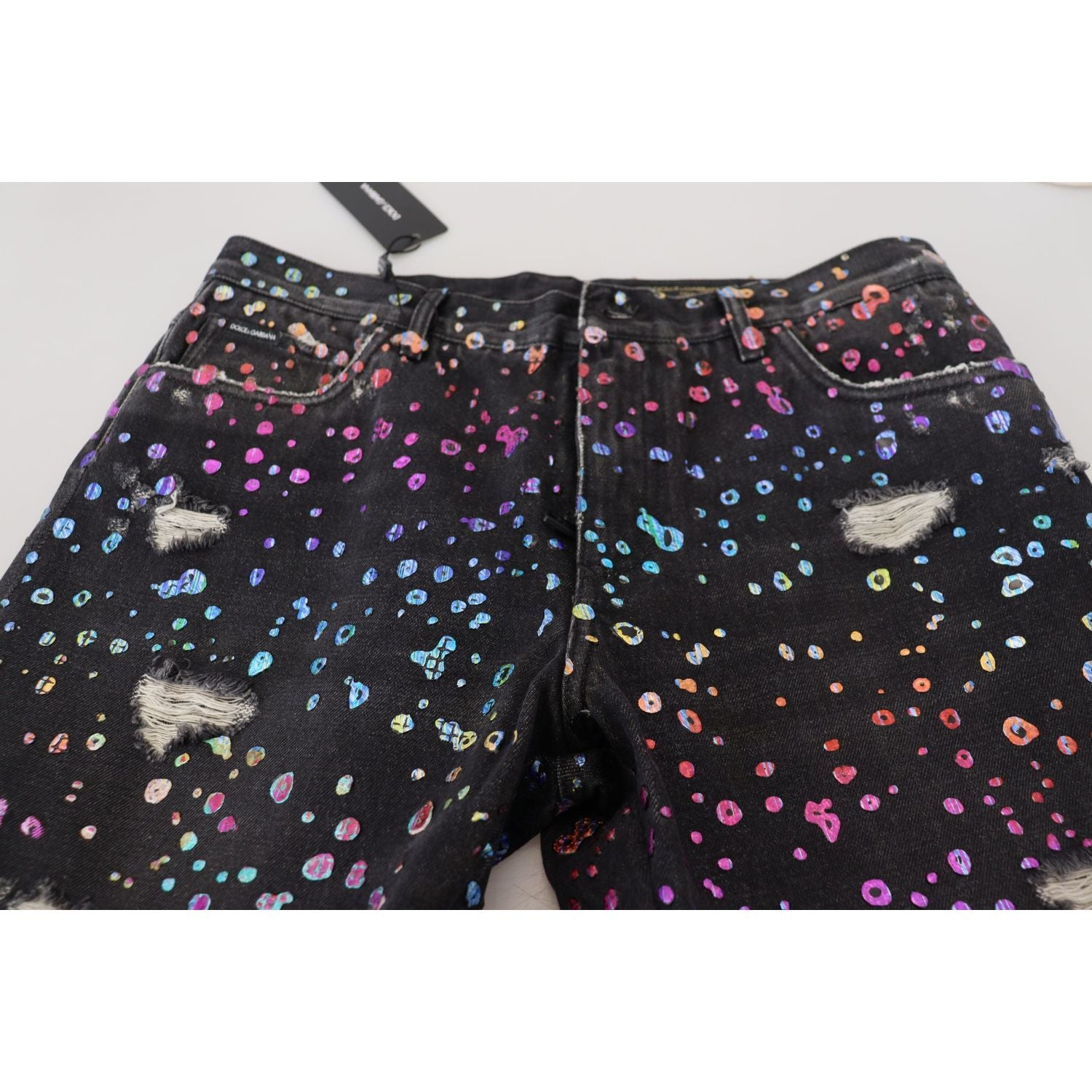 Dolce & Gabbana Black Multicolor Print Tattered Denim Jeans