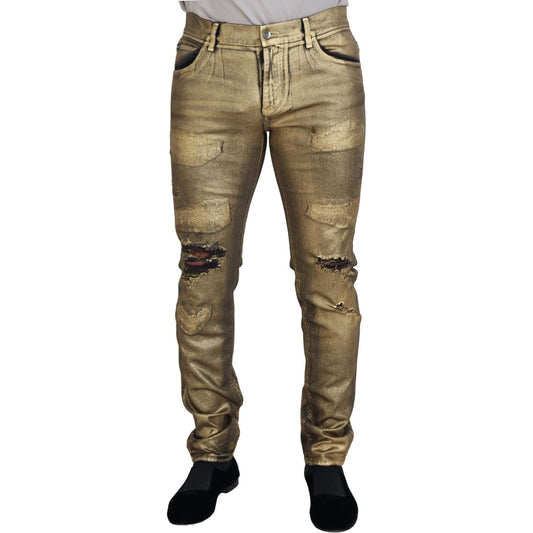 Dolce & Gabbana Gold Cotton Tattered Skinny Men Denim Jeans PAN74266 - 50