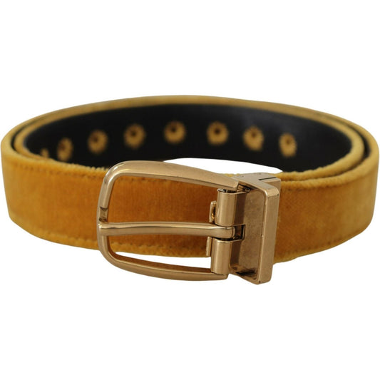 Dolce & Gabbana Mustard Velvet Gold Logo Engraved Metal Buckle Belt BEL8413 - 65