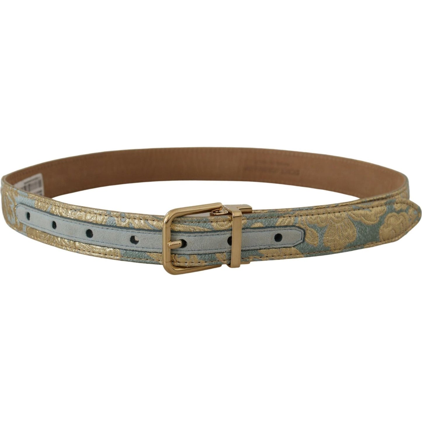 Dolce & Gabbana Blue Leather Jacquard Embossed Gold Metal Buckle Belt