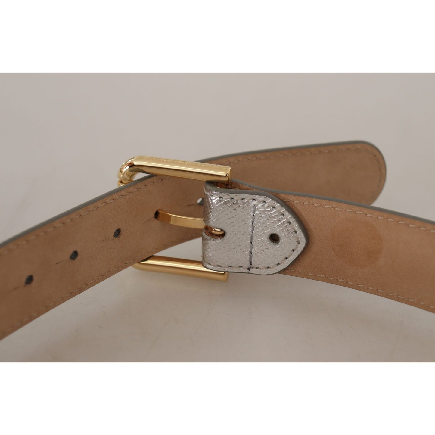 Dolce & Gabbana Silver Leather Gold Tone Logo Metal Waist Buckle Belt