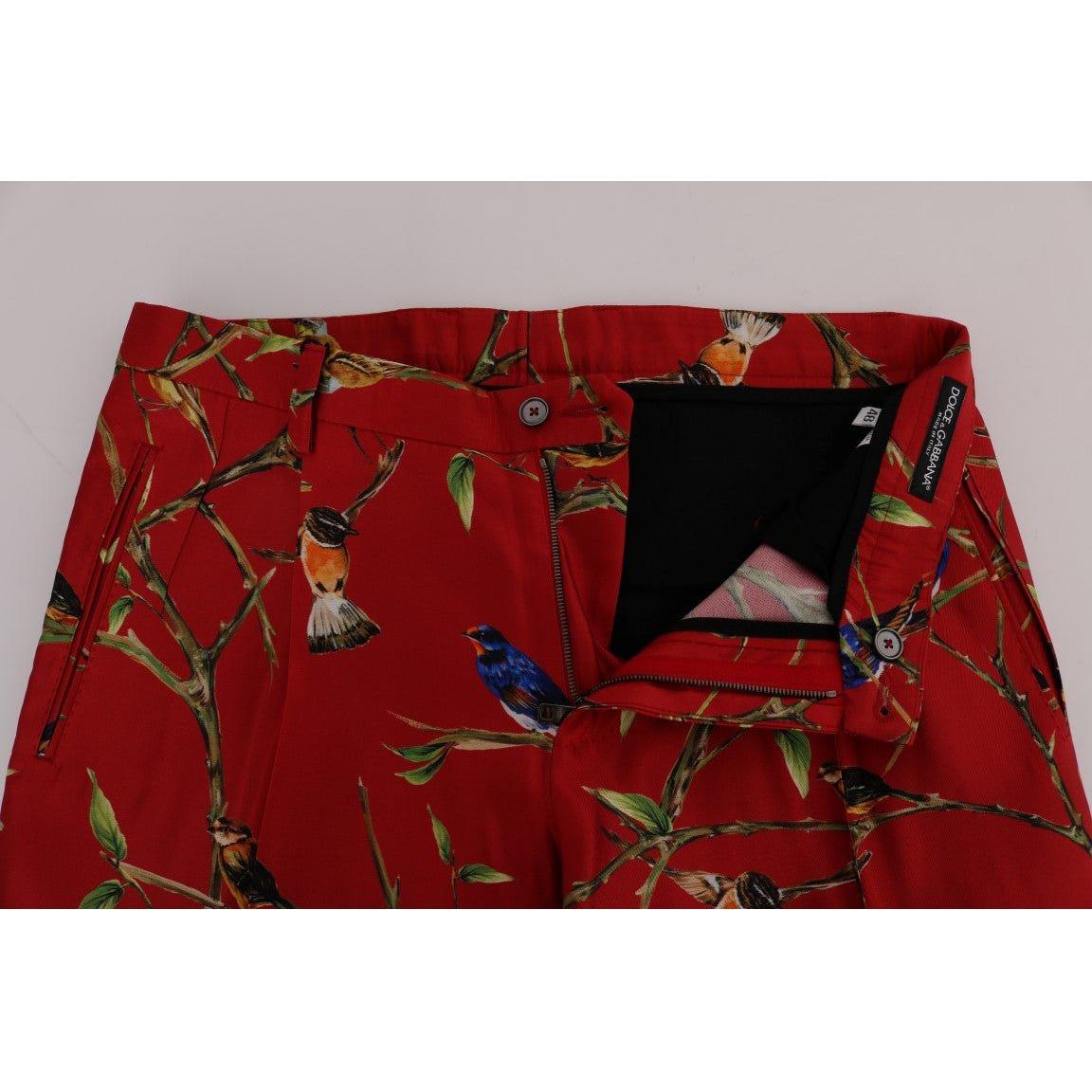 Dolce & Gabbana Red Silk Bird Print Dress Pants