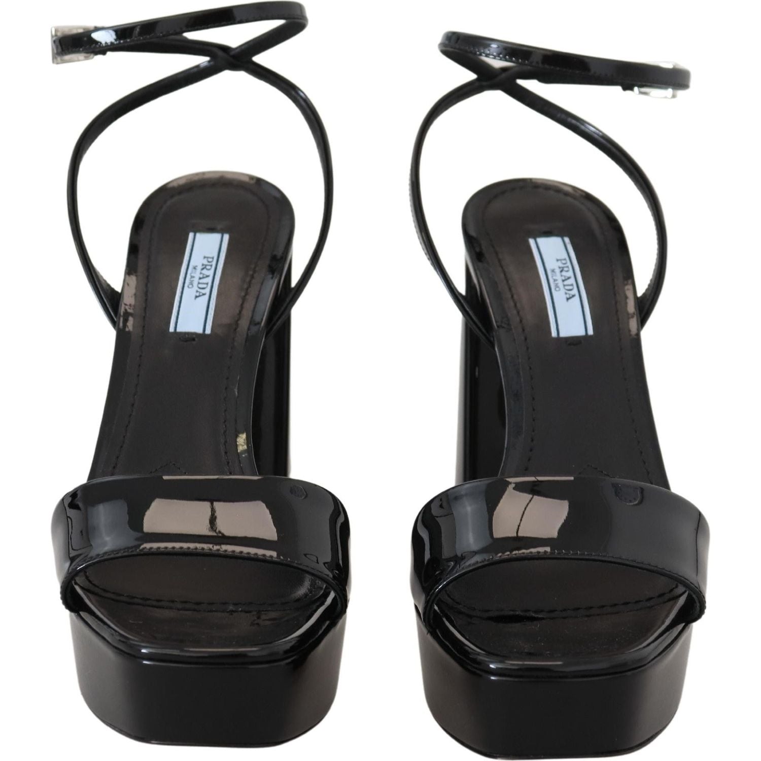 Prada Black Patent Sandals Ankle Strap Heels Leather