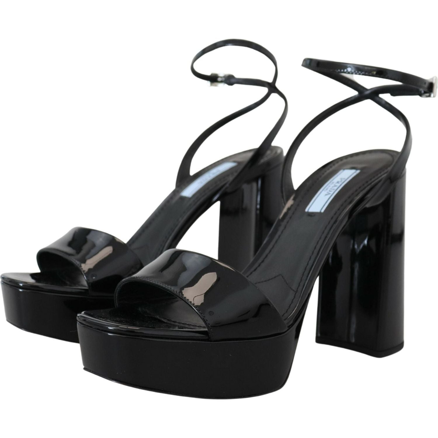 Prada Black Patent Sandals Ankle Strap Heels Leather