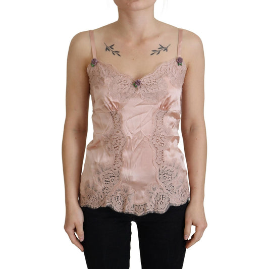 Dolce & Gabbana Pink Satin Lace Roses Tank Top Lingerie TSH8066- 36