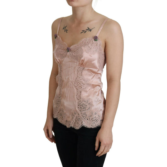 Dolce & Gabbana Pink Satin Lace Roses Tank Top Lingerie TSH8066- 36
