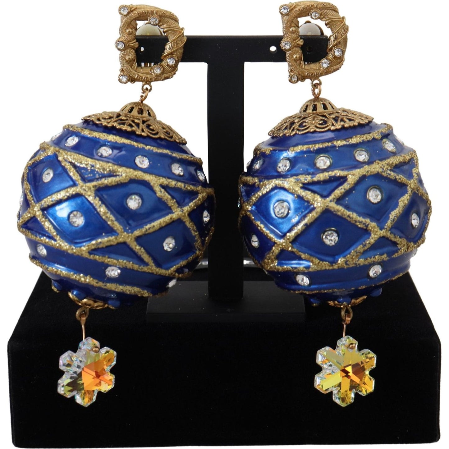 Dolce & Gabbana Gold Brass Blue Dangle Ball Crystal Clip On Earrings SMY101098 | SMY100779