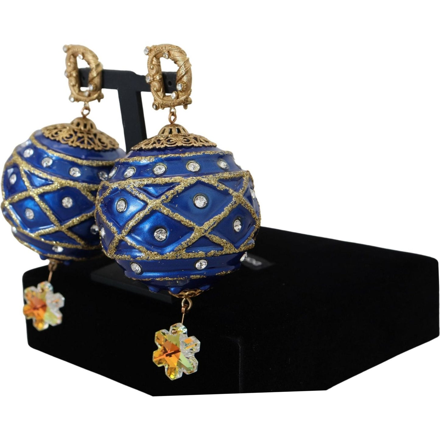 Dolce & Gabbana Gold Brass Blue Dangle Ball Crystal Clip On Earrings SMY101098 | SMY100779