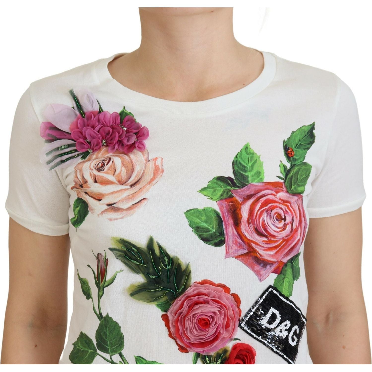 Dolce & Gabbana White Rose DGLogo Printed Short Sleeves Top