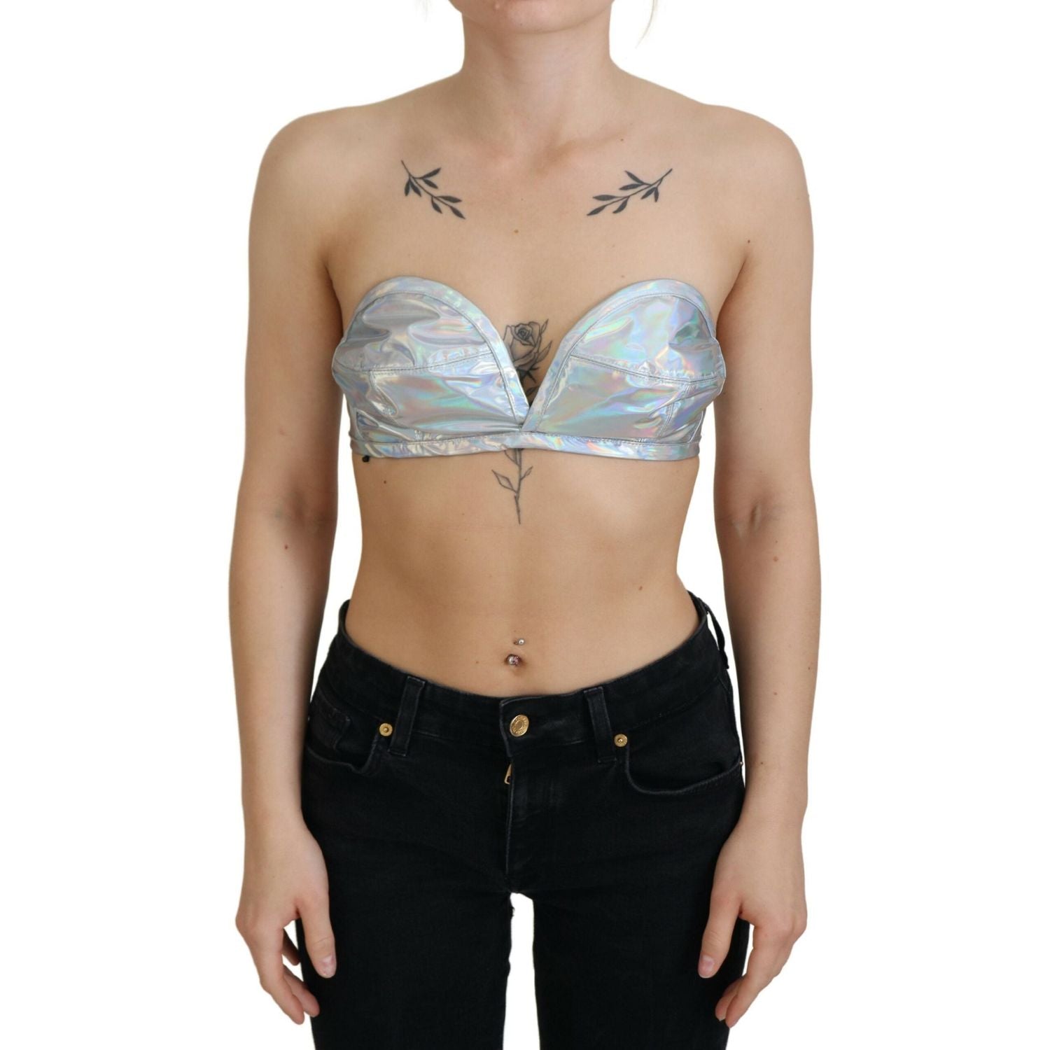 Dolce & Gabbana Silver Holographic Effect Bustier Brassiere Top