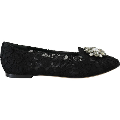 Dolce & Gabbana Black Taormina Lace Crystals Flats Shoes