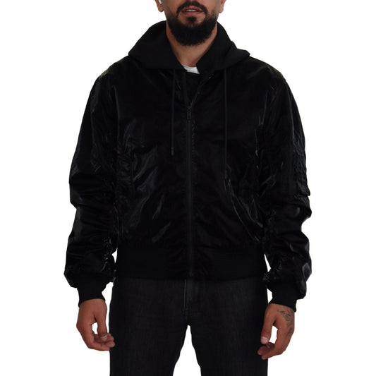 Dolce & Gabbana Black Nylon Hooded Full Zip Bomber Jacket