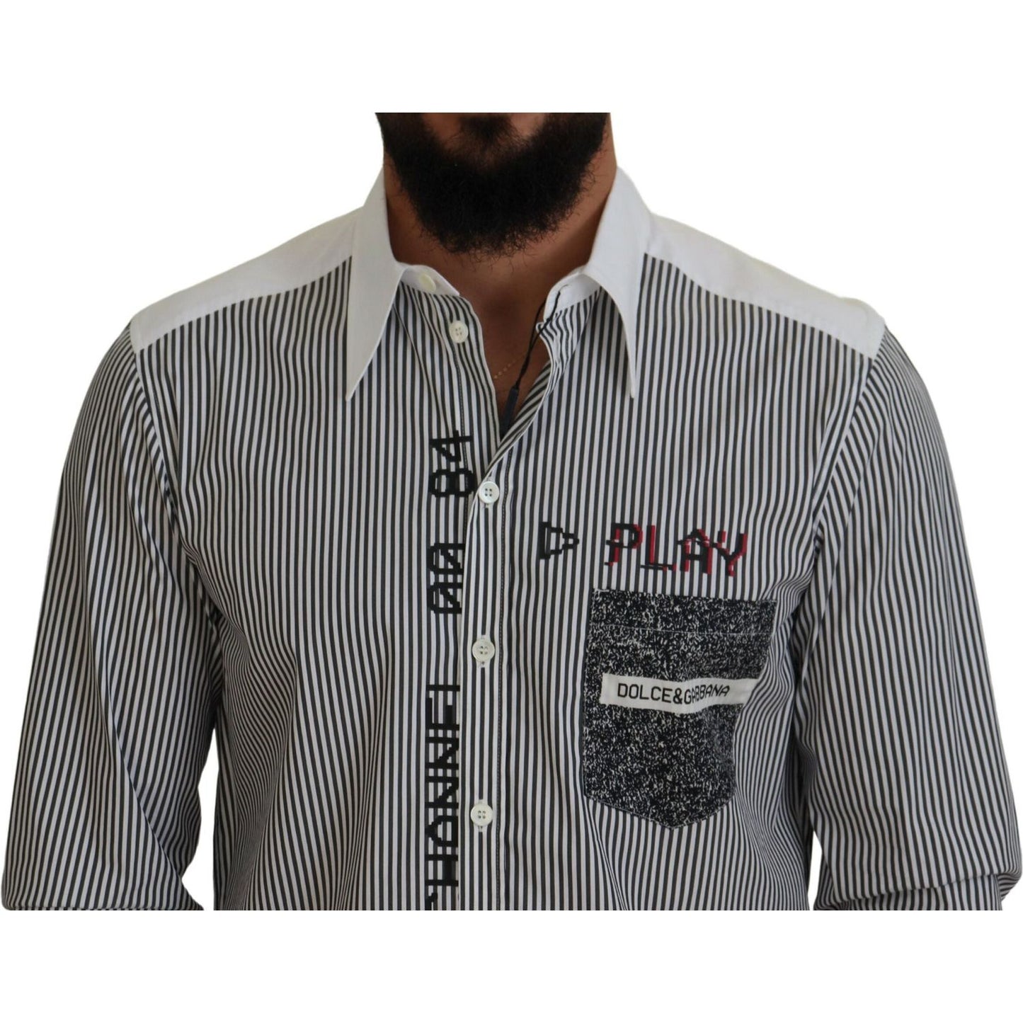 Dolce & Gabbana Black White Striped Printed Casual Cotton Shirt