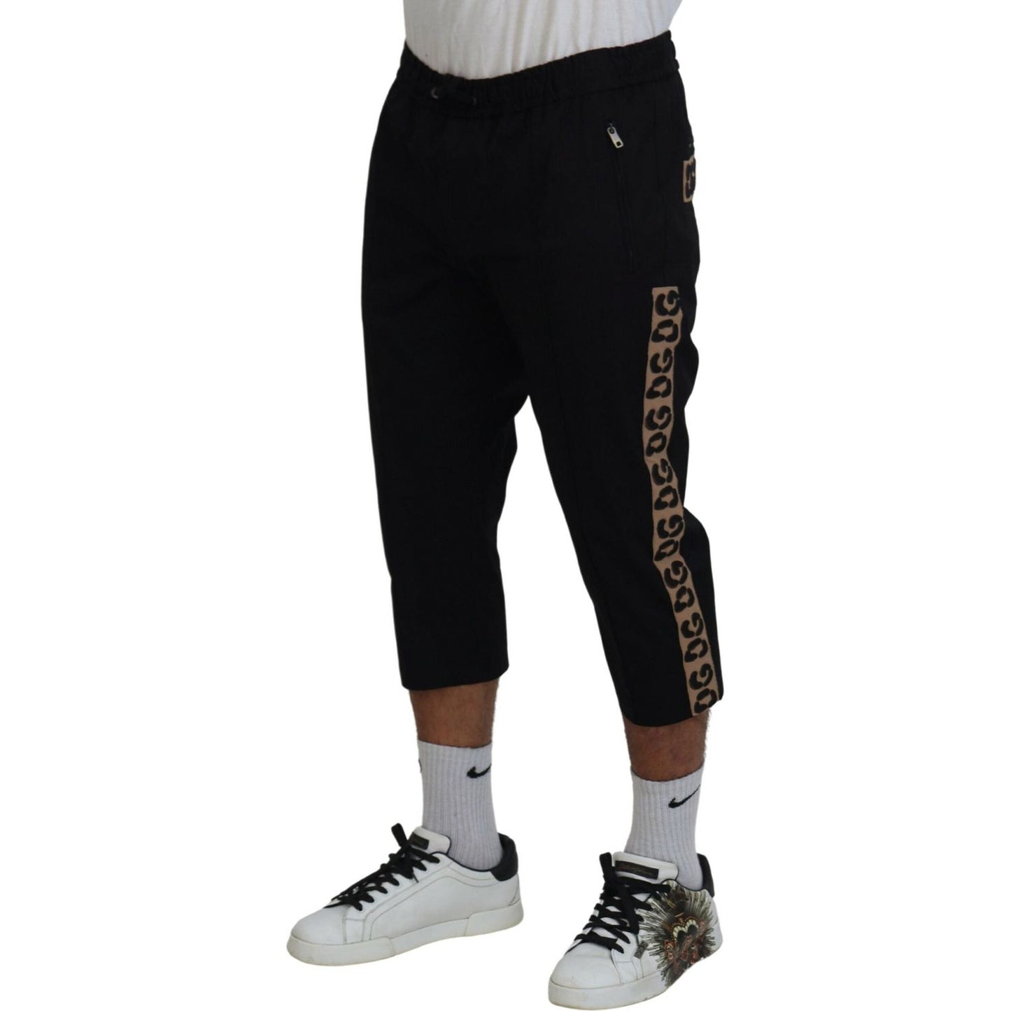 Dolce & Gabbana Black Cotton Elastic Waist DG Logo Cropped Pants