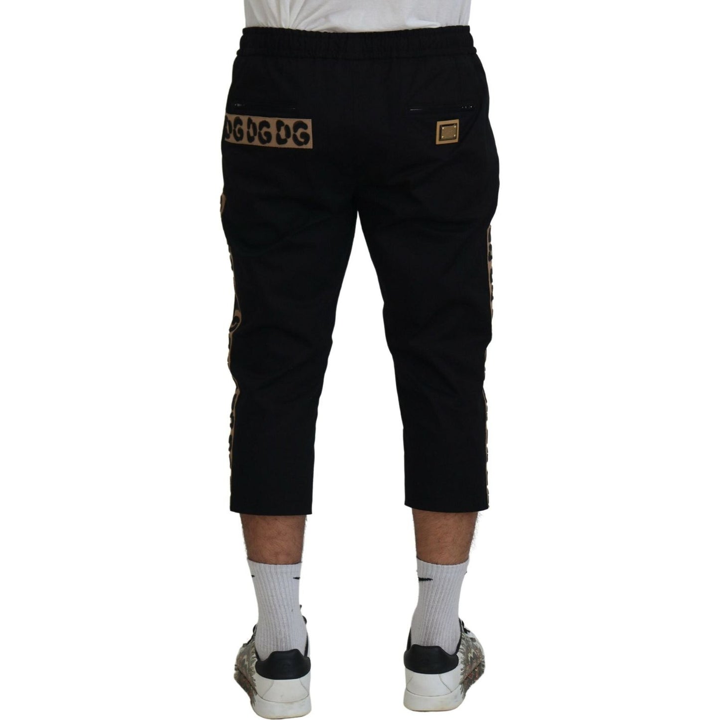 Dolce & Gabbana Black Cotton Elastic Waist DG Logo Cropped Pants