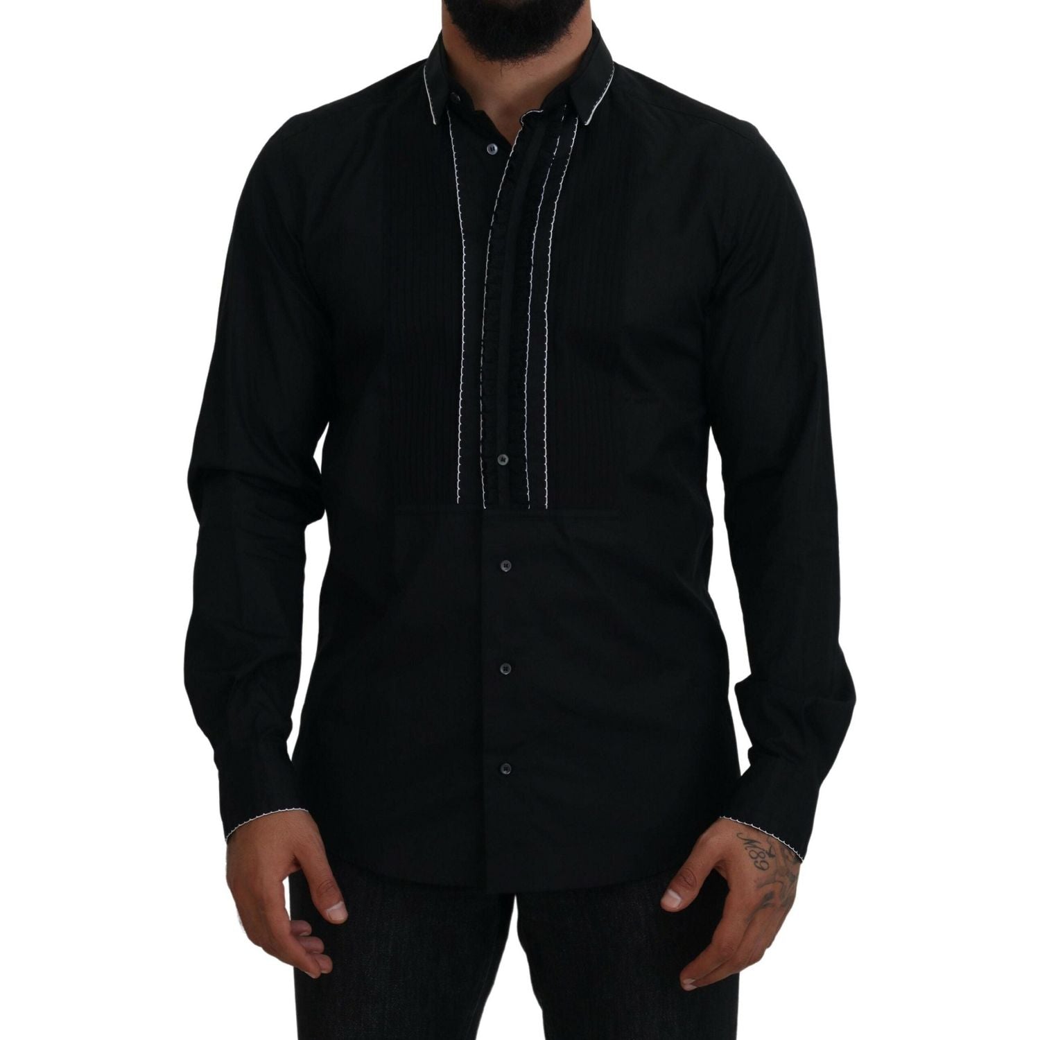 Dolce & Gabbana GOLD Black Tuxedo Slim Fit Cotton Shirt